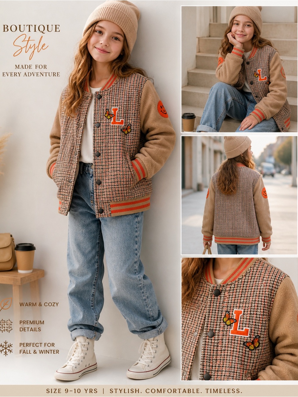 Kids Varsity Jacket Houndstooth Tan Bomber Butterfly Patches Size 9/10yr old